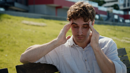 Caucasian man problem headache pain stress suffering male health frustrated guy worried upset loss...