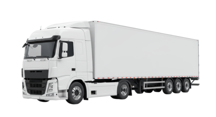 transparent semi-trailer truck with modern aerodynamic design and spacious cargo area, isolated on a transparent studio background with bright lighting and no shadows, showcasing modern