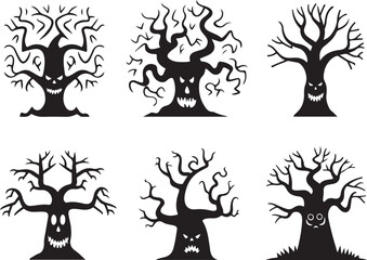 Vector art of spooky Halloween trees with scary faces isolated on white background
