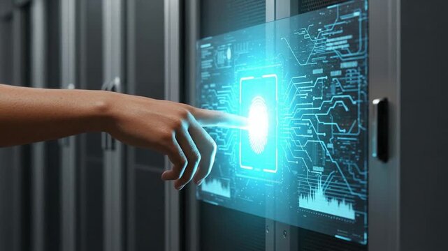 Secure Data Access: Fingerprint Biometric Authentication on Futuristic Server Interface. - Powered by Adobe