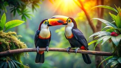Two colorful toucans share a tender moment, touching beaks on a branch in the rainforest