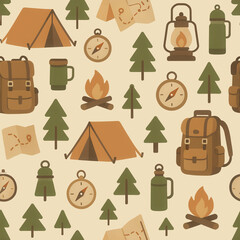 Seamless camping gear pattern with tents, trees, backpacks, maps, lanterns, campfires, and compasses