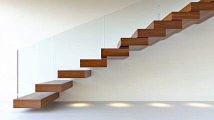 wide-angle view of a minimalist floating staircase, its individual wooden steps cantilevered from a pristine wall, with a barely visible glass balustrade for safety. Recessed lighting beneath 