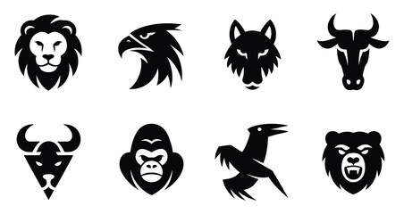 Collection of eight black animal head silhouettes including eagle, wolf, bull, bear, gorilla, and bird designs on white background