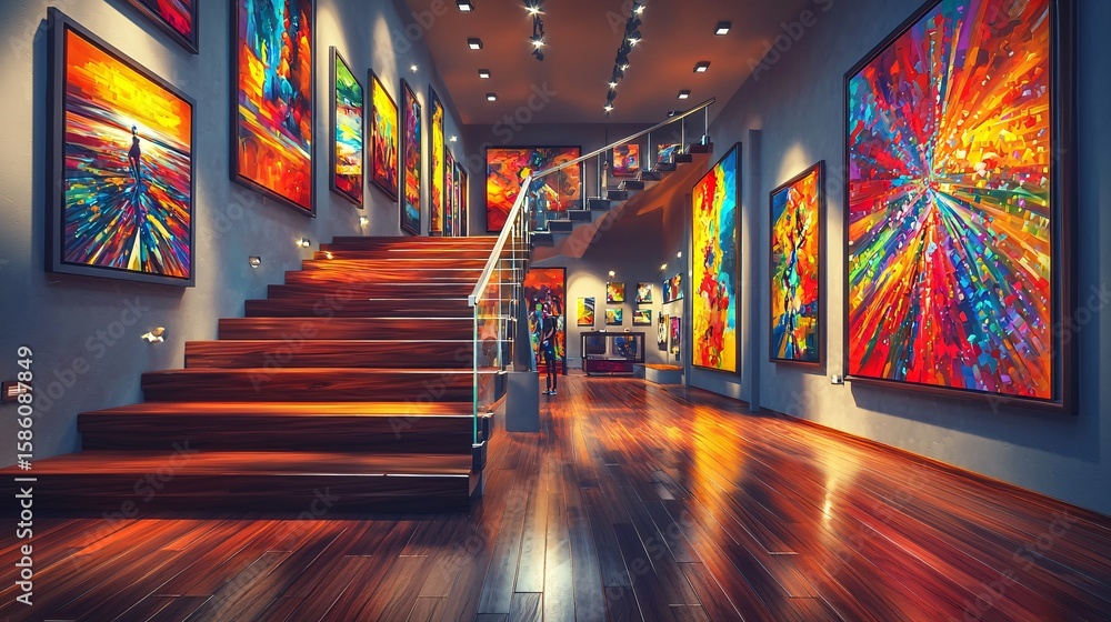 Fototapete stylized rendering of a minimalist staircase within a contemporary art gallery, where the sleek wood