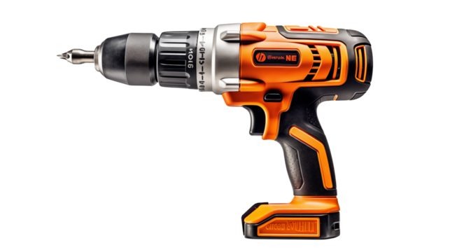 Cordless drill, featuring orange accents, sits poised against a stark transparent background. - Powered by Adobe