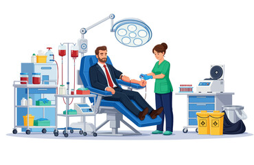 Illustration of a man in a suit at a blood drive in a clinic assisted by a nurse. Public health campaigns and blood donations. Executive Donating Blood in a Modern Clinic. Transparent background.