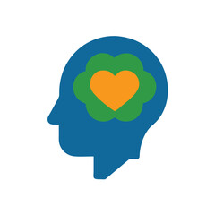 Blue head silhouette with green flower orange heart inside representing love feelings