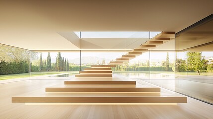Fototapeta premium view of modern staircase featuring floating wooden steps and frameless glass panels, softly lit by built-in warm LED lighting floating steps wooden minimalist staircase interior design modern 