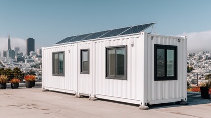 Future store design concept, Modern container home with solar panels set against a city skyline.