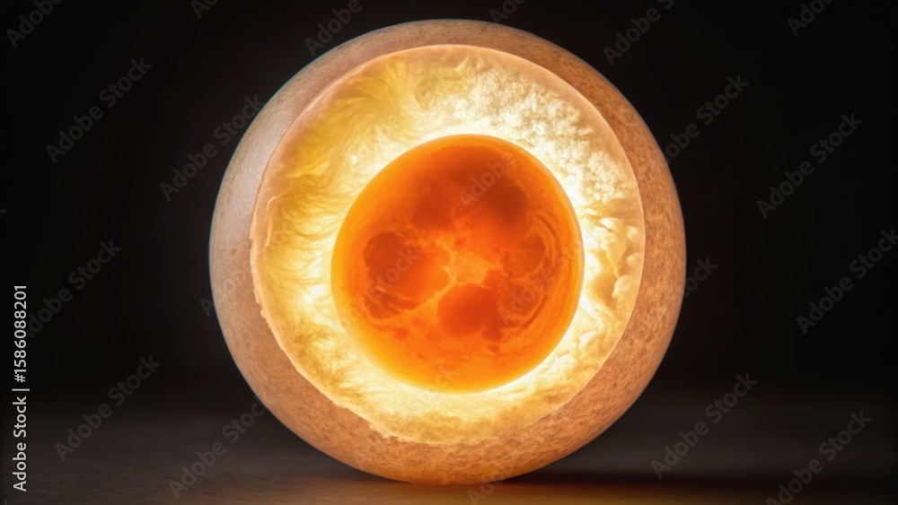 Poster a glowing orange orb encased in a textured shell, creating a warm and captivating visual effect agai