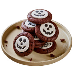 Obraz premium A set of Dark Chocolate Cookies with White Fondant Halloween Faces Arranged on a Beige Ceramic Plate- PNG Background