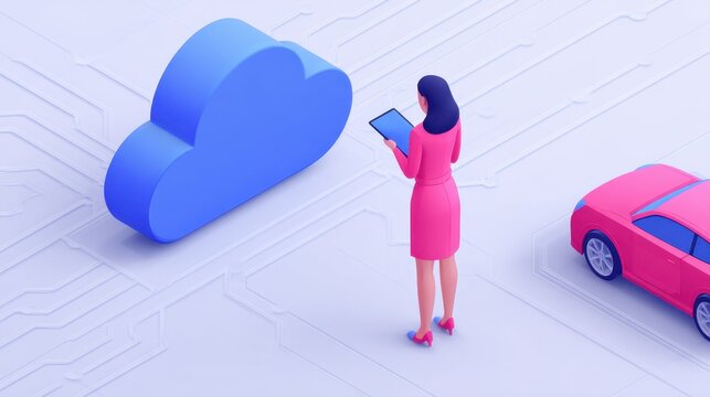 Future store design concept, A woman interacts with a digital cloud interface while standing next to a car in a modern setting.