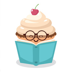 Cute cupcake with glasses reading a book flat vector