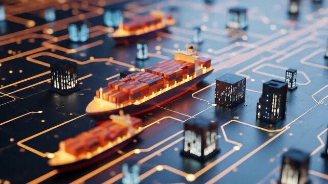 A cargo ship on a digital circuit board represents global trade, maritime transportation, and the future of logistics technology