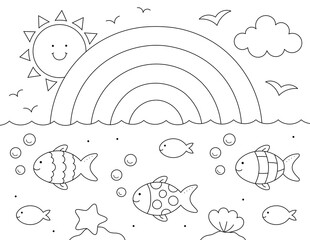 rainbow, sun and fish coloring page. you can print it on standard 8.5x11 inch paper