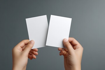 Two blank white cards held by hands against a gray background