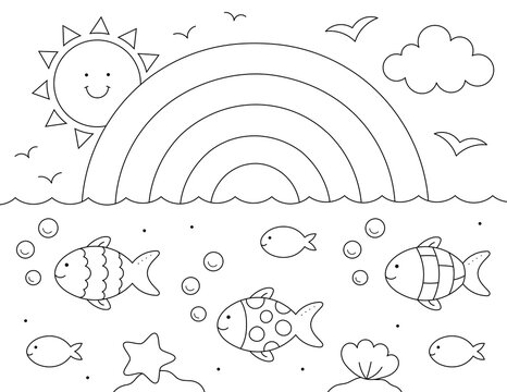Naklejki rainbow, sun and fish coloring page. you can print it on standard 8.5x11 inch paper