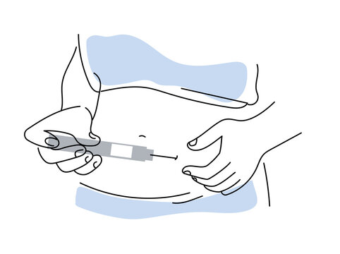 close up person self-injects GLP-1 treatment into her belly using an injector pen. Vector line art hand drawn  illustration.