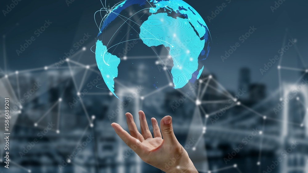 Poster global network connection visualization showing data exchange, digital link, worldwide communication