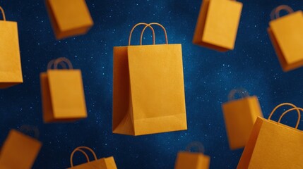 Future store design concept, Floating golden shopping bags against a starry background create a dynamic, eye-catching visual.