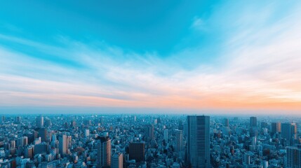 Future store design concept, A panoramic cityscape at dusk with towering buildings under a vibrant sky.