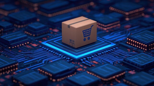 Future store design concept, Digital illustration of a shopping cart box on a circuit board, symbolizing e-commerce and technology convergence.