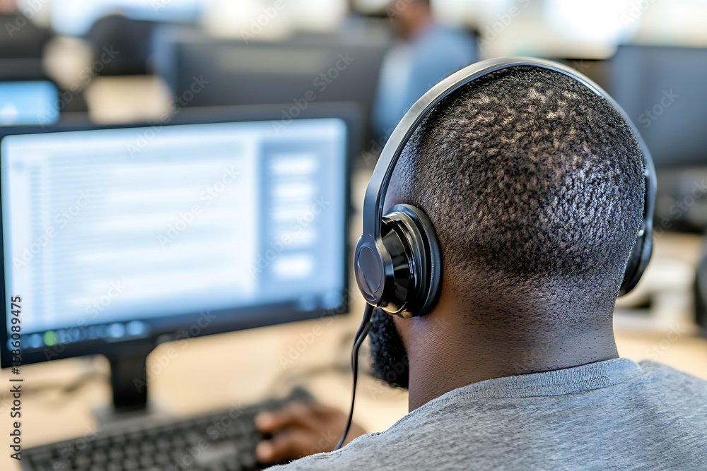 Poster person with headphones working at computer in office environment. focus on technology and workspace 