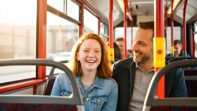 Happy Father and Daughter Riding a City Bus