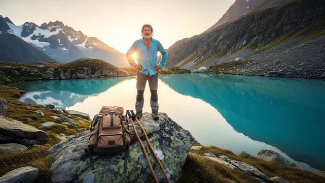 Mature Hiker with Backpack at Mountain Lake Sunrise