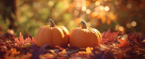 The Vibrant Pumpkins Surrounded by Autumn Leaves and Soft Bokeh Lights