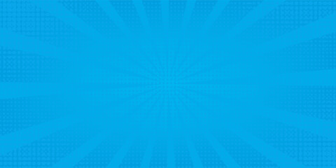Comic background. Pop art texture. Starburst cartoon style. Anime design with explosion effect for print. Fun dot pattern. Blue backdrop with halftone gradient.