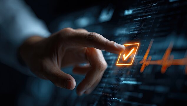 A hand touches a glowing checkmark on a digital interface, overlaid with data and a heartbeat graphic - Powered by Adobe