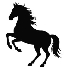 Dynamic silhouette of rearing horse with flowing mane and tail, symbolizing power, elegance, and movement on white background
