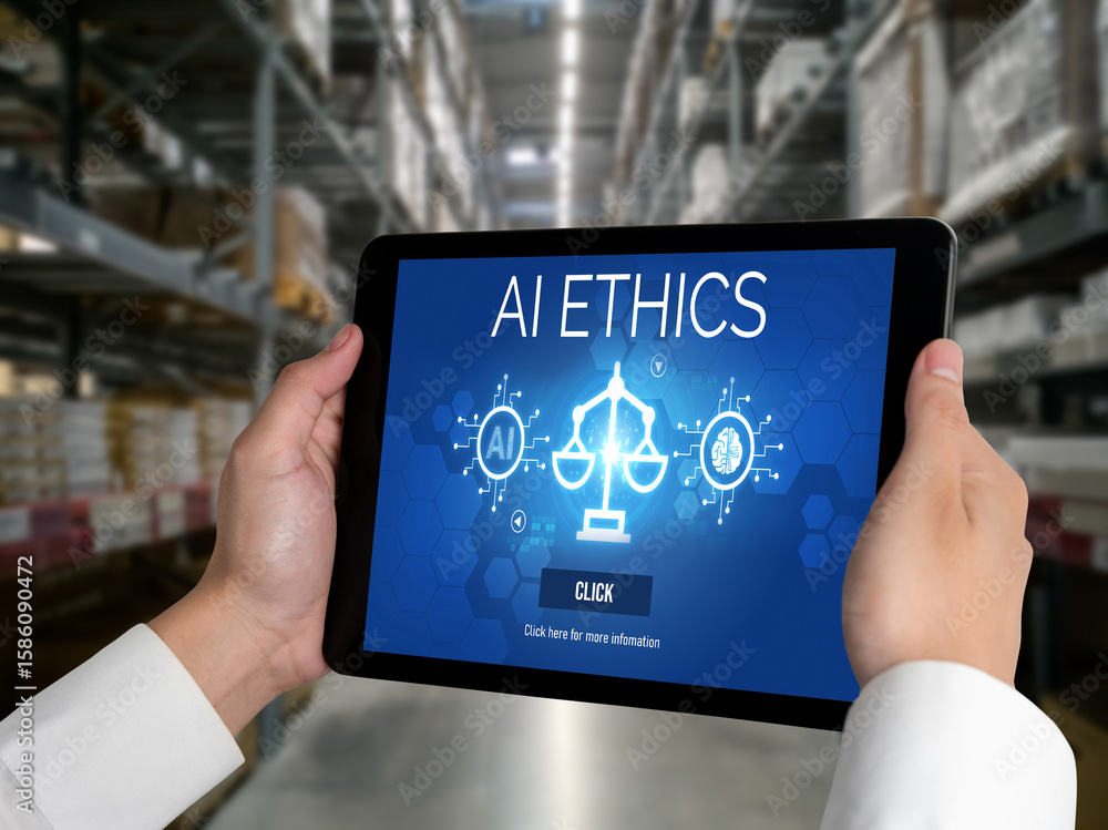 Poster ai ethics responsibility standard law and rules on computer screen provide report of ai ethic transp