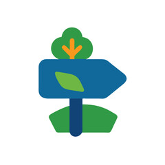 Flat design signpost with tree leaf elements in green blue orange on direction arrow