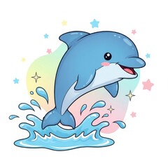 A cute cartoon dolphin jumping out of the water