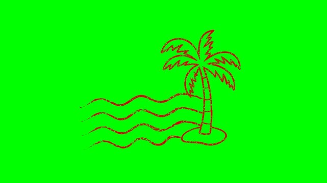 Appearance of a palm tree on an island, dirty red postmark seen from above on a green screen with alpha channel