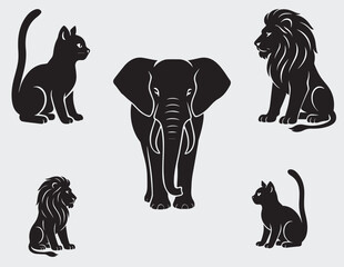 wildlife elephant, lions and cats silhouette vector design collection