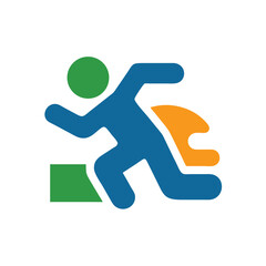 Blue figure running with green orange shapes on a graphic runner