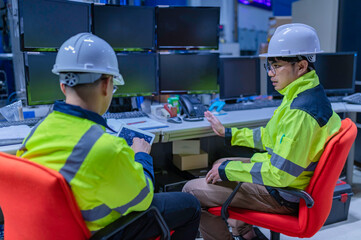 Inside the large Industry Factory Male Computer Engineer Works on Personal Computer She coding program for control machine,Thailand people work on fours monitors,Programmer working with serious