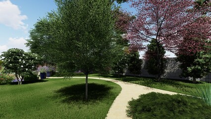 Fototapeta premium 3d image of the landscape design of the home territory. Landscaping of the territory. Computer visualization of composite landscaping and landscaping solutions.