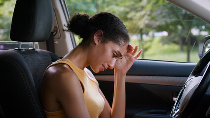 African American woman crying female depressed girl car auto automobile driving stressed road...