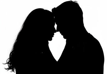 Silhouette of a couple touching foreheads in a tender embrace against white