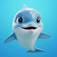 A cheerful cartoon dolphin swims in the blue ocean