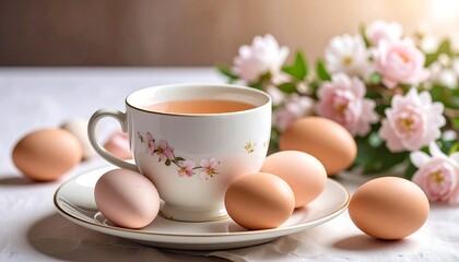 Delicate teacup and eggs with spring flowers
