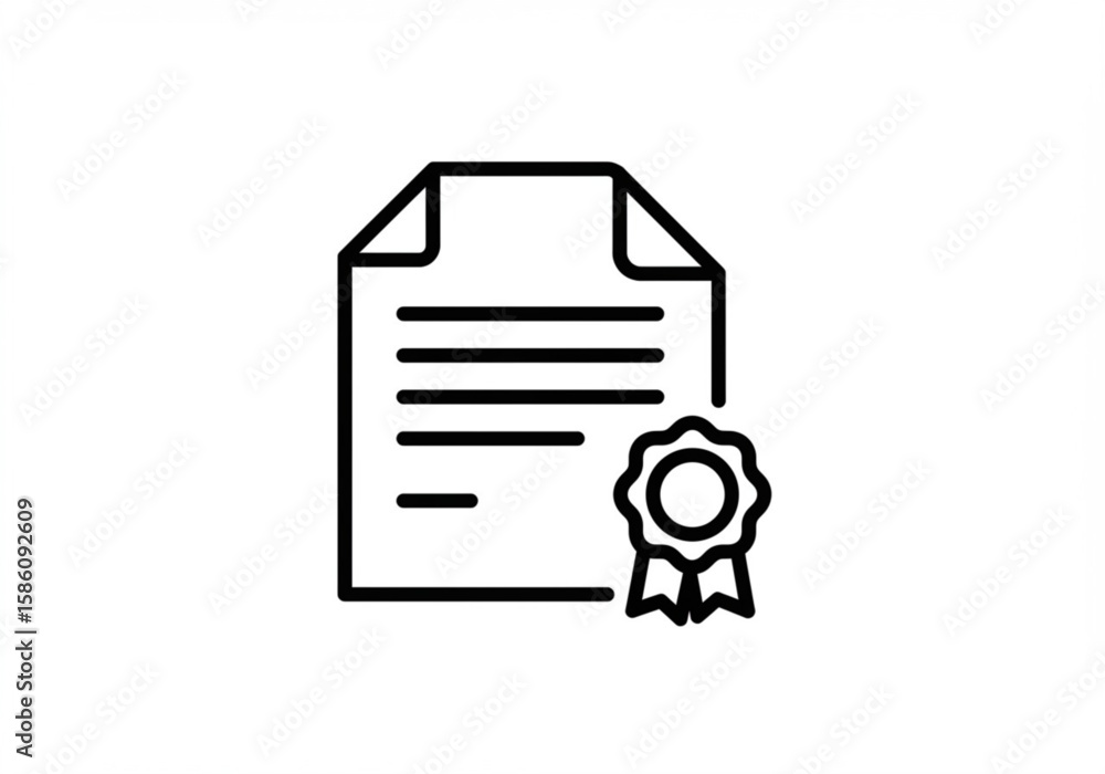 Poster simple line art icon of a document with a seal of approval
