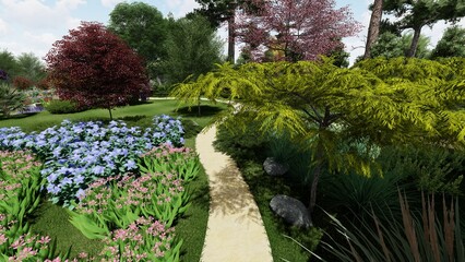 Obraz premium 3d image of the landscape design of the home territory. Landscaping of the territory. Computer visualization of composite landscaping and landscaping solutions.