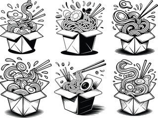 Asian Noodles Takeout Box Icon Set, Silhouette Ramen and Chopsticks Illustration.


