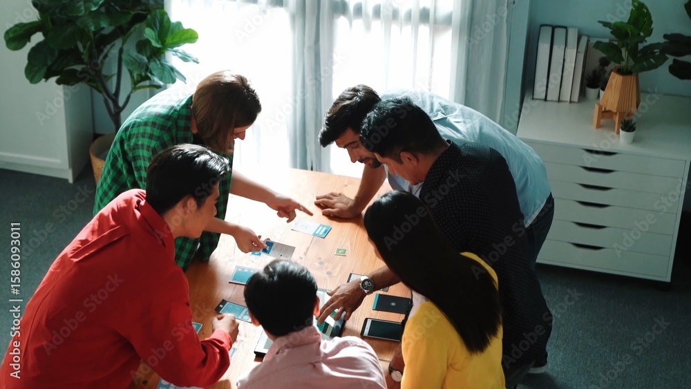Poster top view of diverse business people discussing idea and designing system while using tablet with ux,